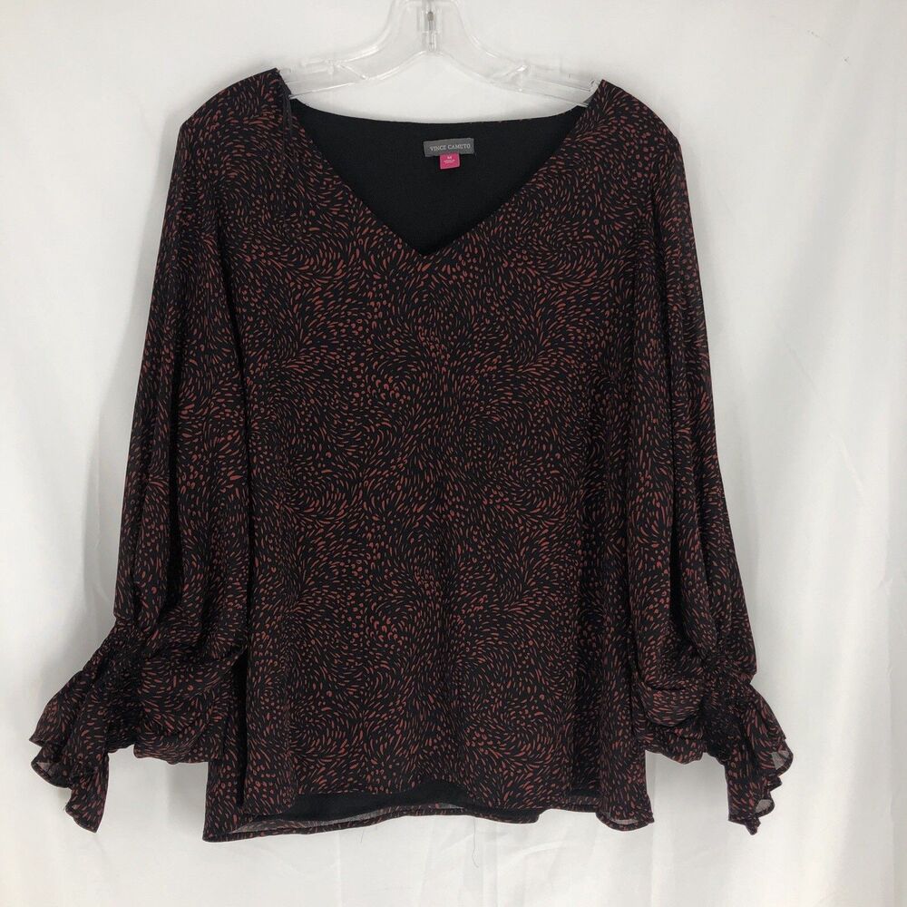 Vince Camuto Blouse Black Red V-Neck Long Sleeve Medium